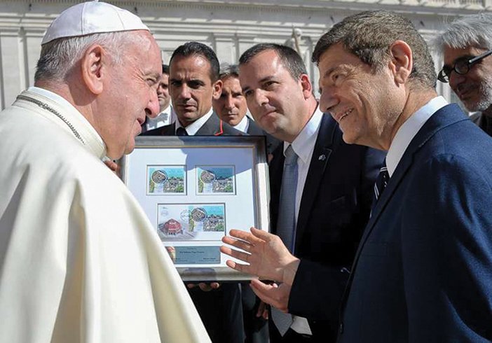 POPE FRANCIS RECEIVES JOINT STAMP ISSUE FROM ISRAEL AMBASSADOR