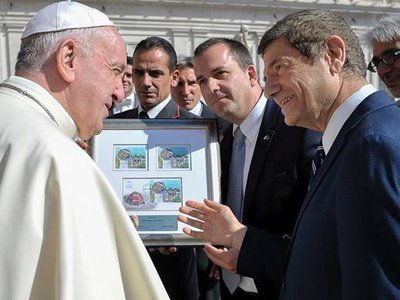 POPE FRANCIS RECEIVES JOINT STAMP ISSUE FROM ISRAEL AMBASSADOR