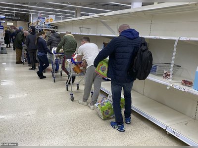 Shelves have been completely stripped across the country, with this Sainsbury's store in London looking bare