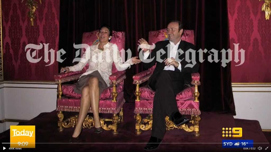A photograph has just emerged of accused sex abuser Madam Ghislaine Maxwell sitting on a throne at Buckingham Palace with actor, Kevin Spacey