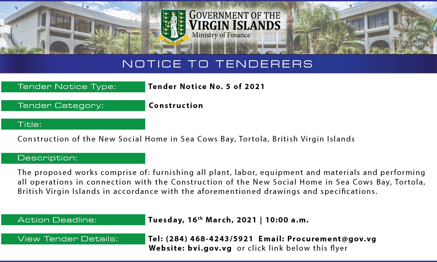 Tenders Invited For Construction Of New Social Home In Sea Cow’s Bay