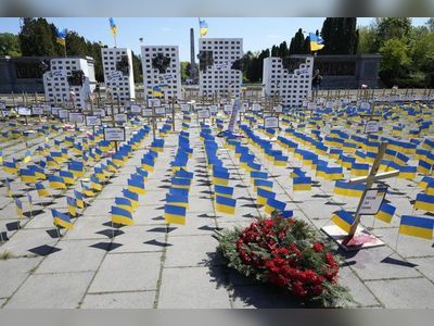 Ukraine flags block Russian ambassador’s path on Victory Day
